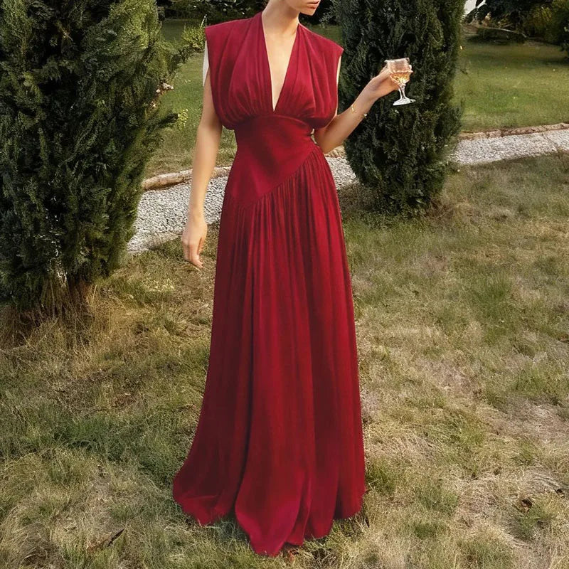 Deep V Sleeveless Pleated Satin High Waisted Evening Dress for Women