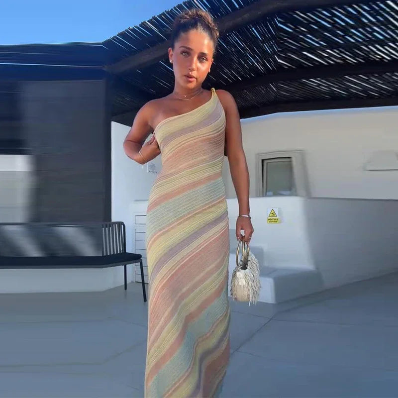 Elegant One Shoulder Printed Mid-Calf Dress for Women