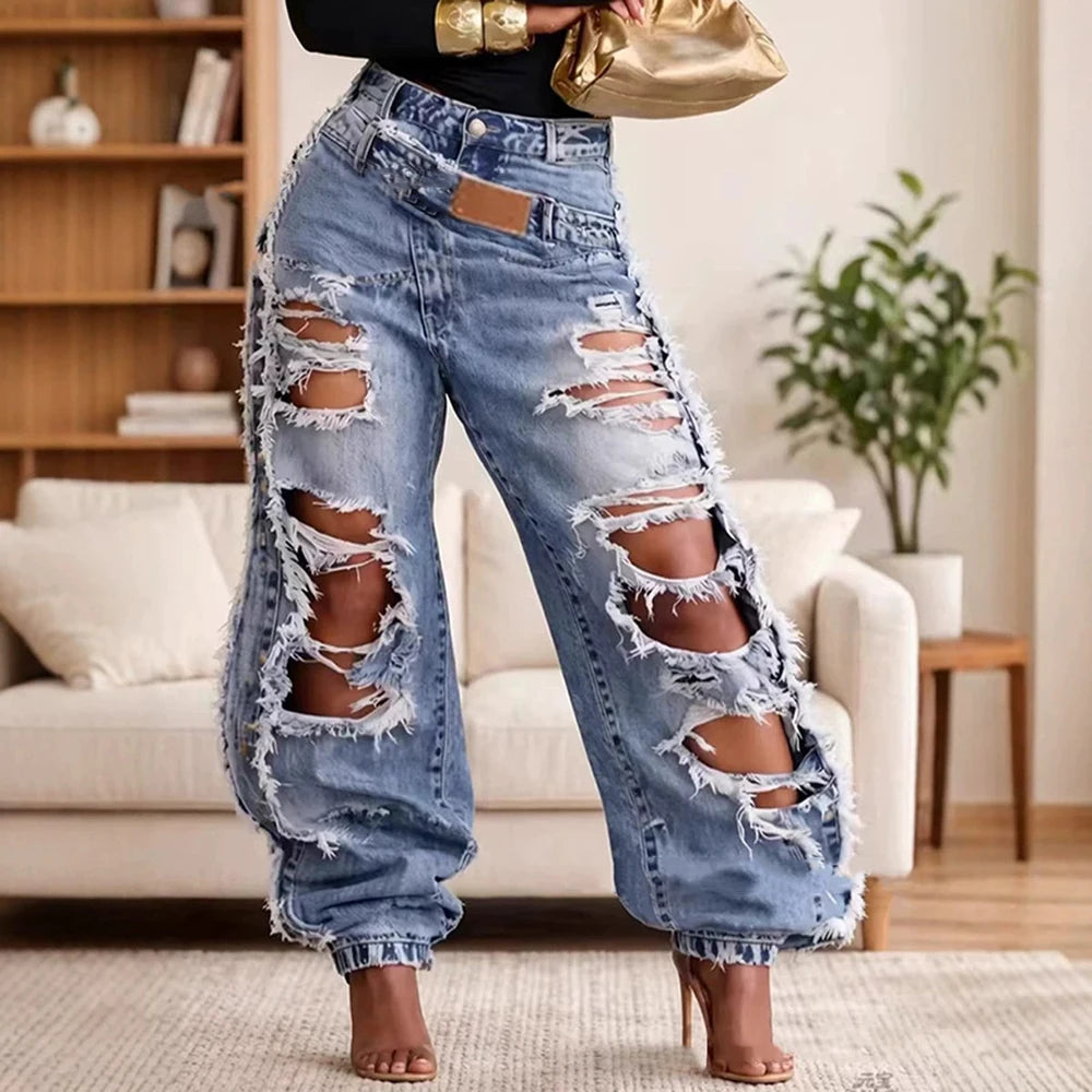Heavy Ripped Wide Leg Distressed Denim Jeans for Women