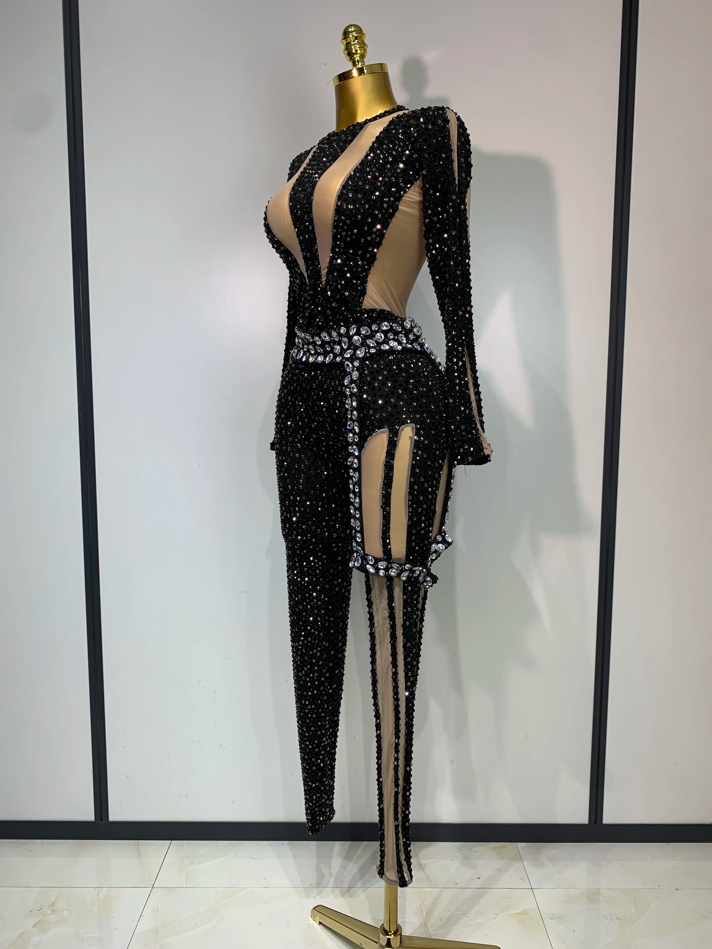 Sexy Sparkly Diamond Black Long Sleeves Bodycon Mesh Jumpsuit Evening Party Nightclub Bar Singer Performance Stage Costume