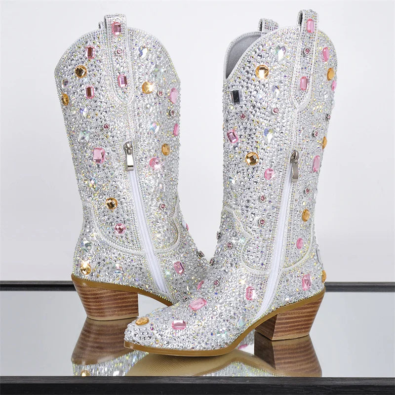 Rhinestone Knee High Cowgirl Boots With Chunky Heels for Women