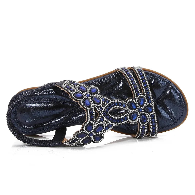 Bohemian Rhinestone Openwork Flat Sandals For Women