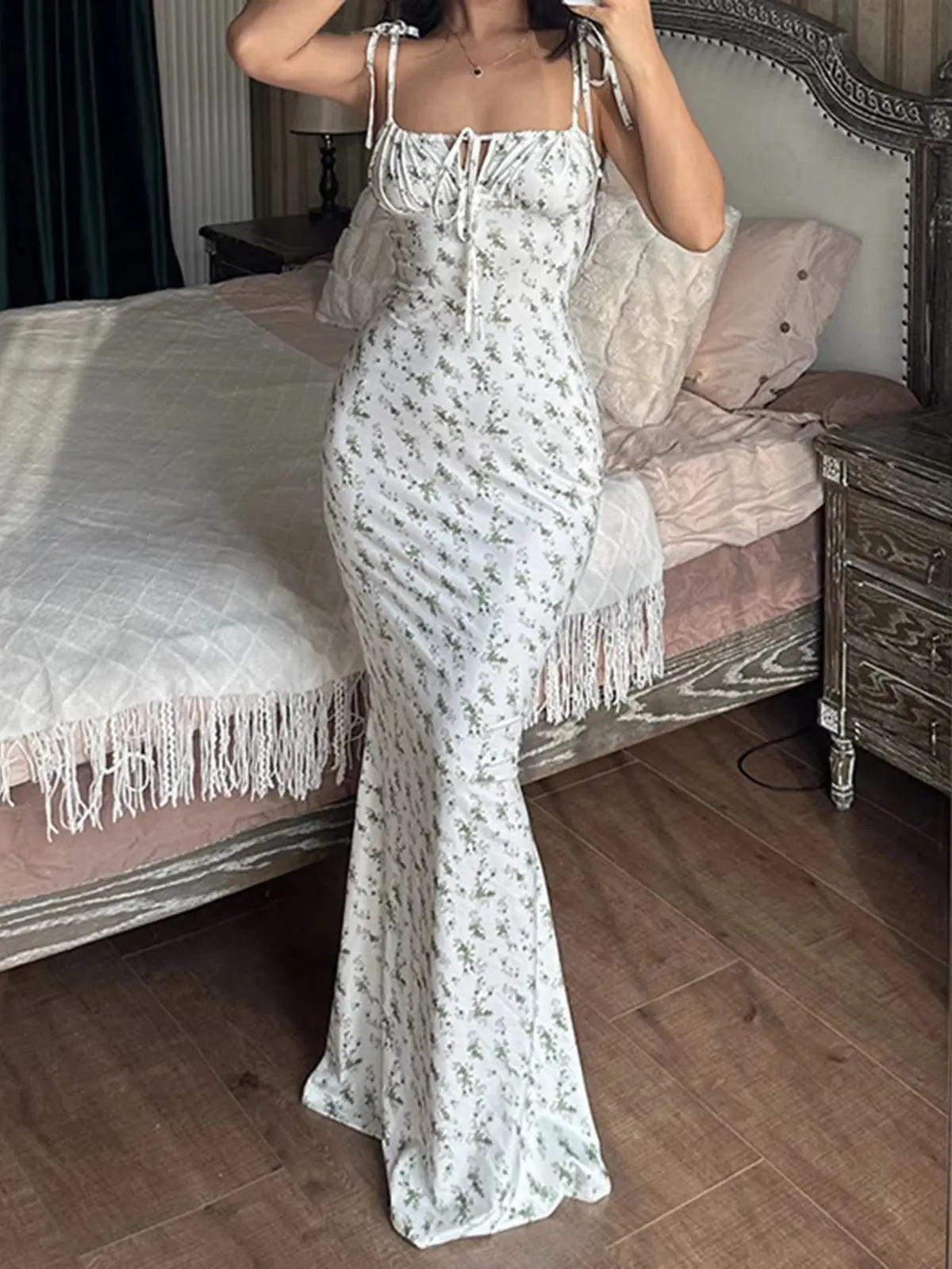 Floral Spaghetti Strap V Neck Midi Dress for Women
