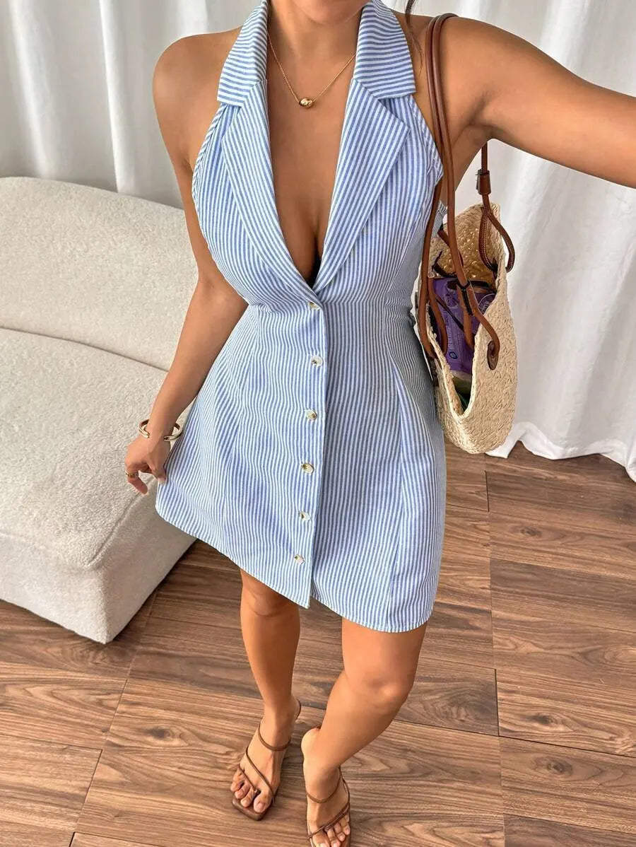Blue Striped Halter Mini Dress With Button Backless Bow Accent for Women