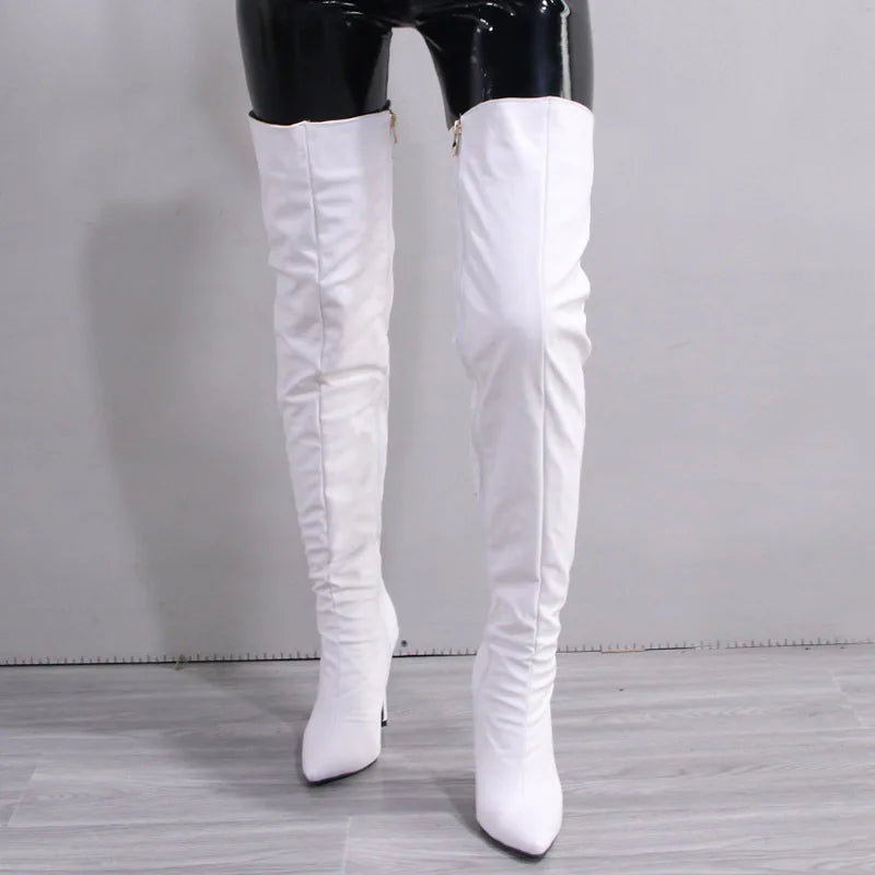 Fashion Leather Side Zipper Pointed Toe Stiletto Over The Knee Boots for Women
