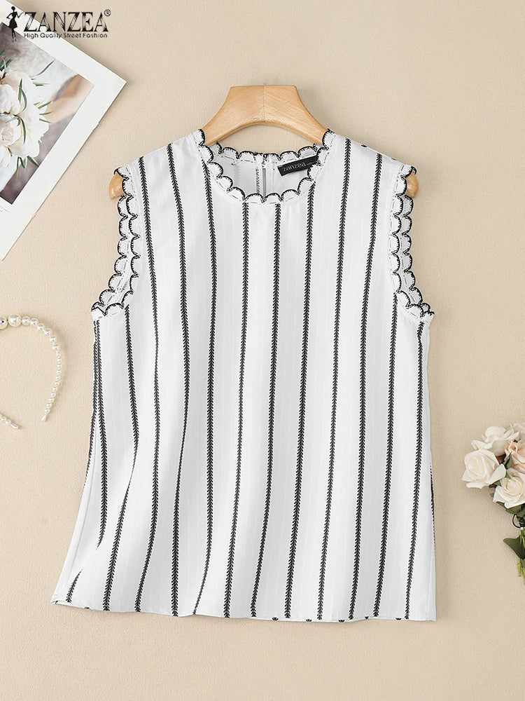 ZANZEA Women Fashion Striped Tanks Elegant Lace Trim Round Neck Sleeveless Tops 2025 Summer Lightweight Casual Tank Tops