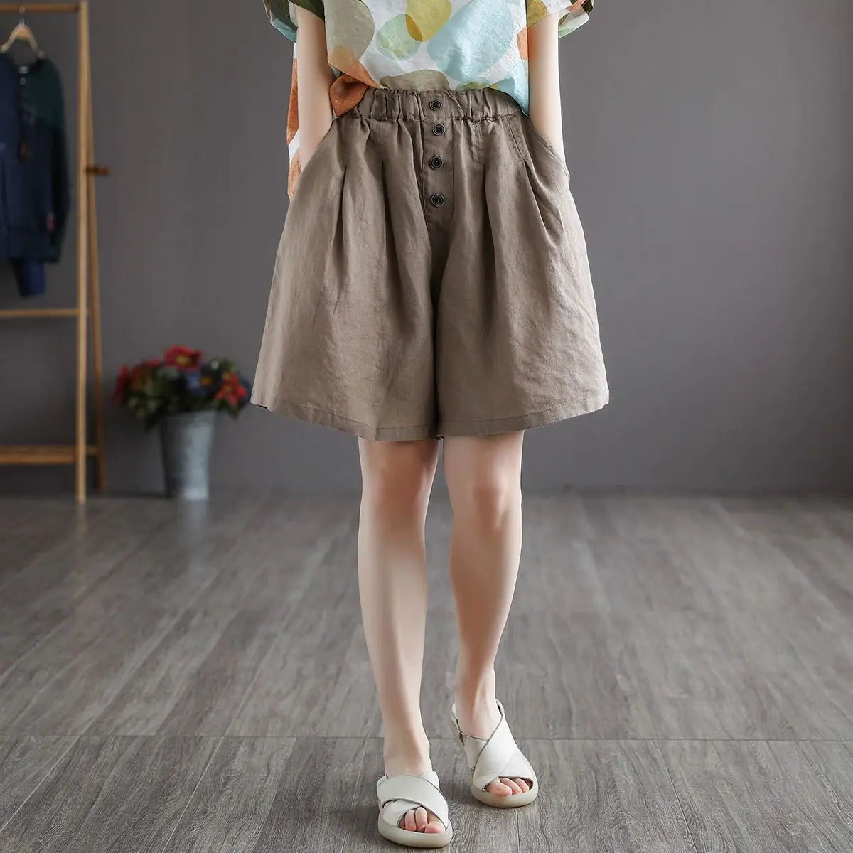 Short Pants Woman Bermuda with Waist Pocket Knee Length Mid Cotton Half Shorts for Women Elastic Linen Trend 2025 Kpop Wholesale