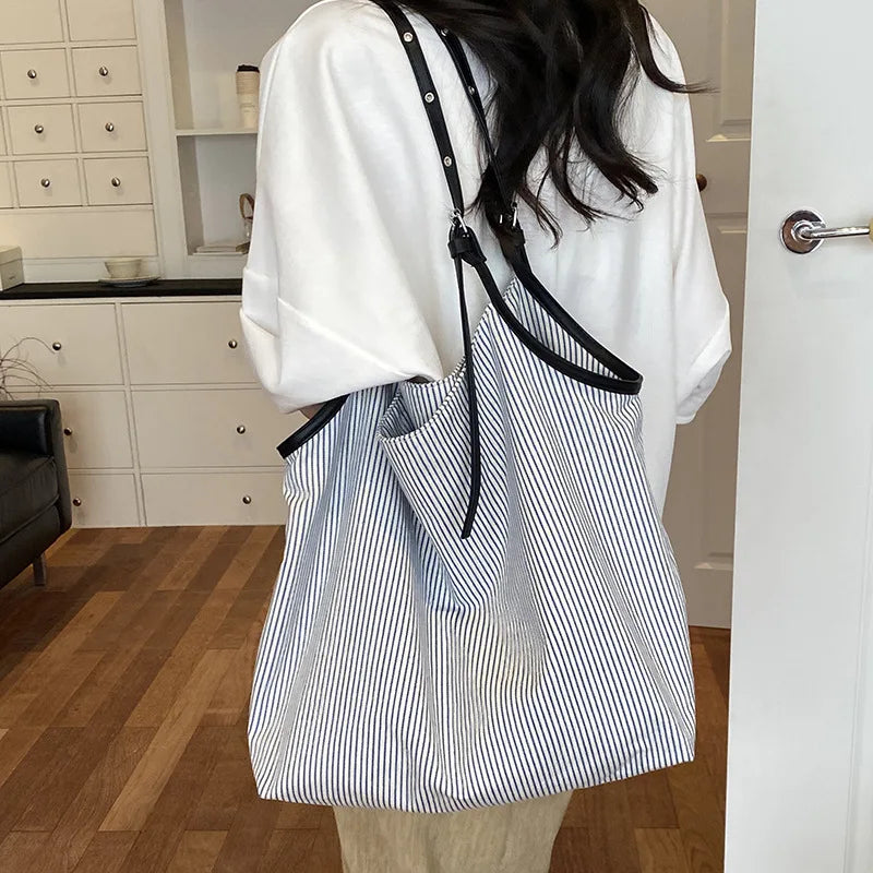Casual Stripe Canvas Lightweight Shoulder Tote Bag for Women