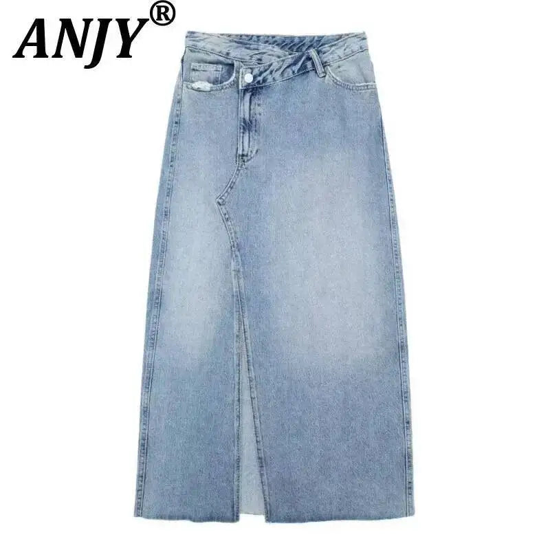 ANJY Summer New Women Chic Y2K Streetwear Elegant Ins Trendy Vintage Asymmetrical High Waisted Slimming Denim Split Skirt HK7080