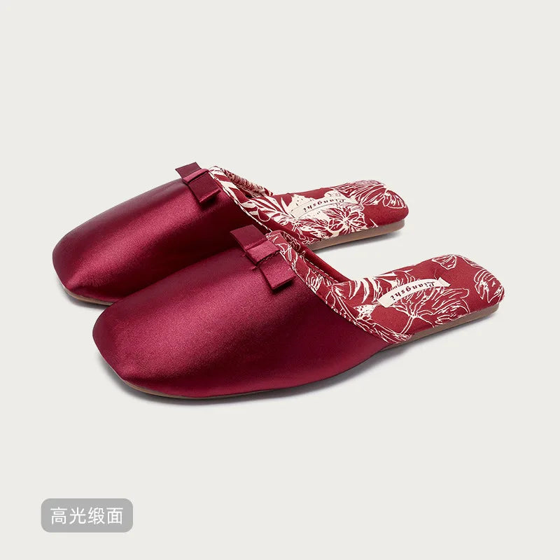 Elegant Silk Print Butterfly Knot Flat Slippers for Women