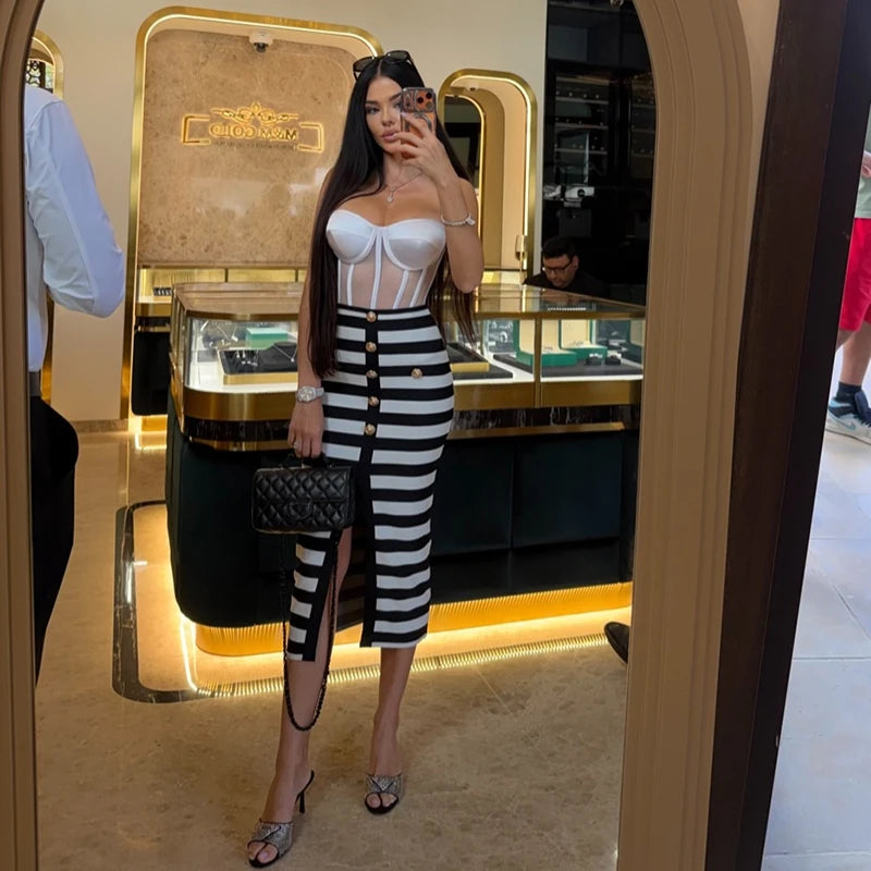 Striped Off Shoulder Sleeveless Two Piece Set For Women