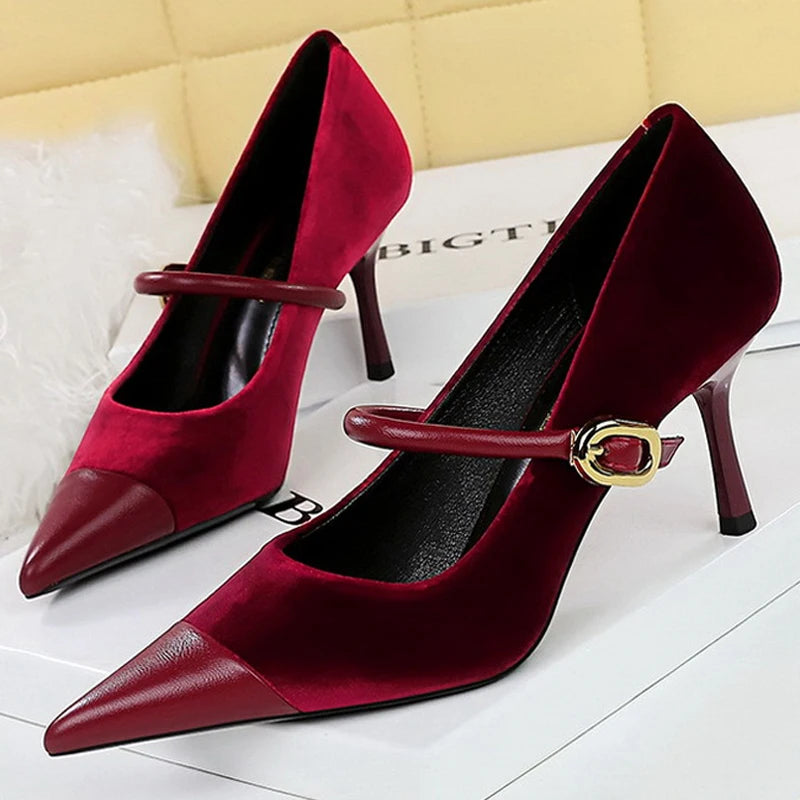 Suede Buckle Strap Pointed Toe Stiletto Pumps for Women