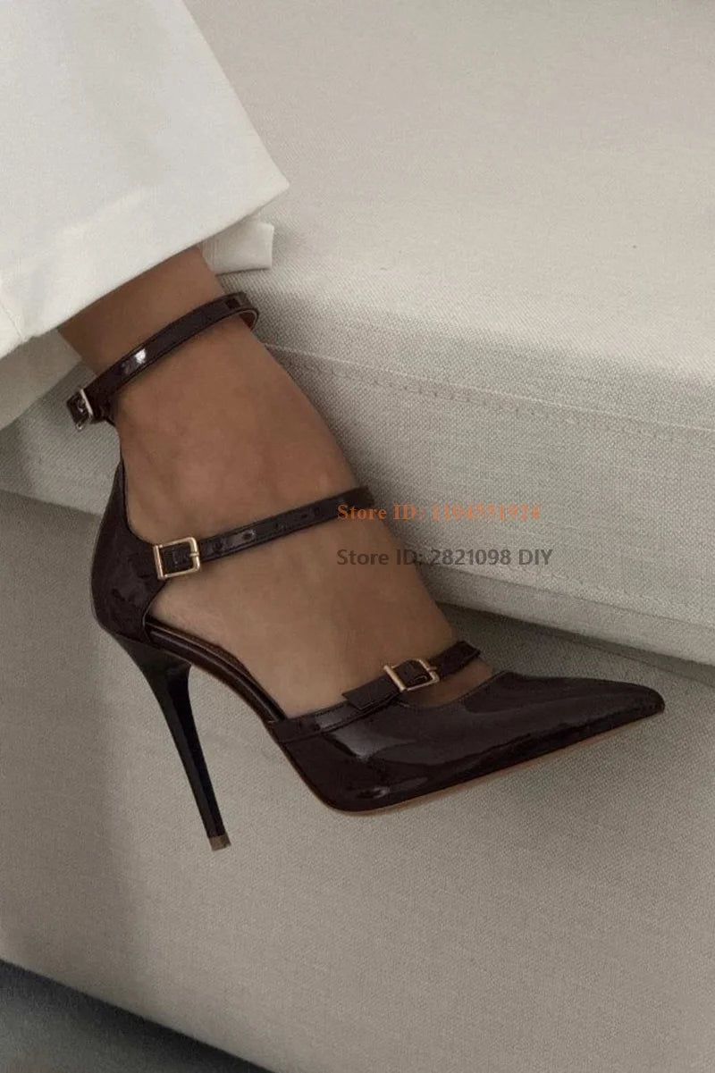 Patent Leather Pointed Toe Pumps With Three Belt Buckle Straps for Women