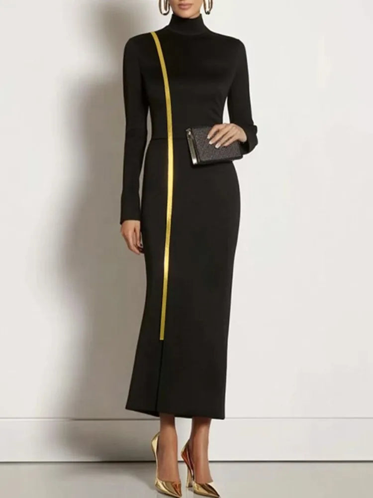 UOOZEE Women's Gold Webbing High Neck Bodycon Black Dress 2025 New Autumn Long Sleeves Slim Fit Elegant Evening Maxi Dresses