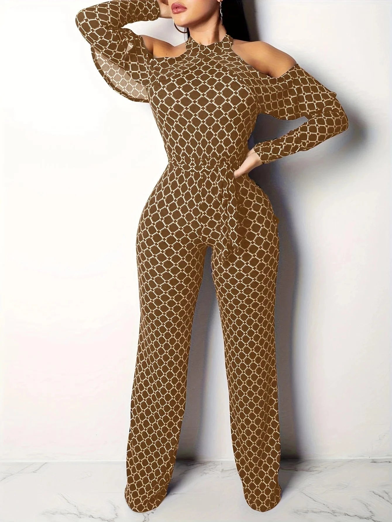 Plaid Print Rompers Womens Jumpsuit Off Shoulder Ruffles Long Sleeve Bandage Overall Elegant Belted Plus Size Wide Leg Bodysuit