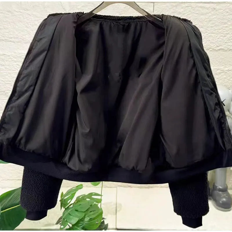 Elegant Lamb Women's Coat Vintage Stand Collar Thicken Full Sleeve Pockets Jacket Female 2025 Autumn Winter Woman Coats Outwears