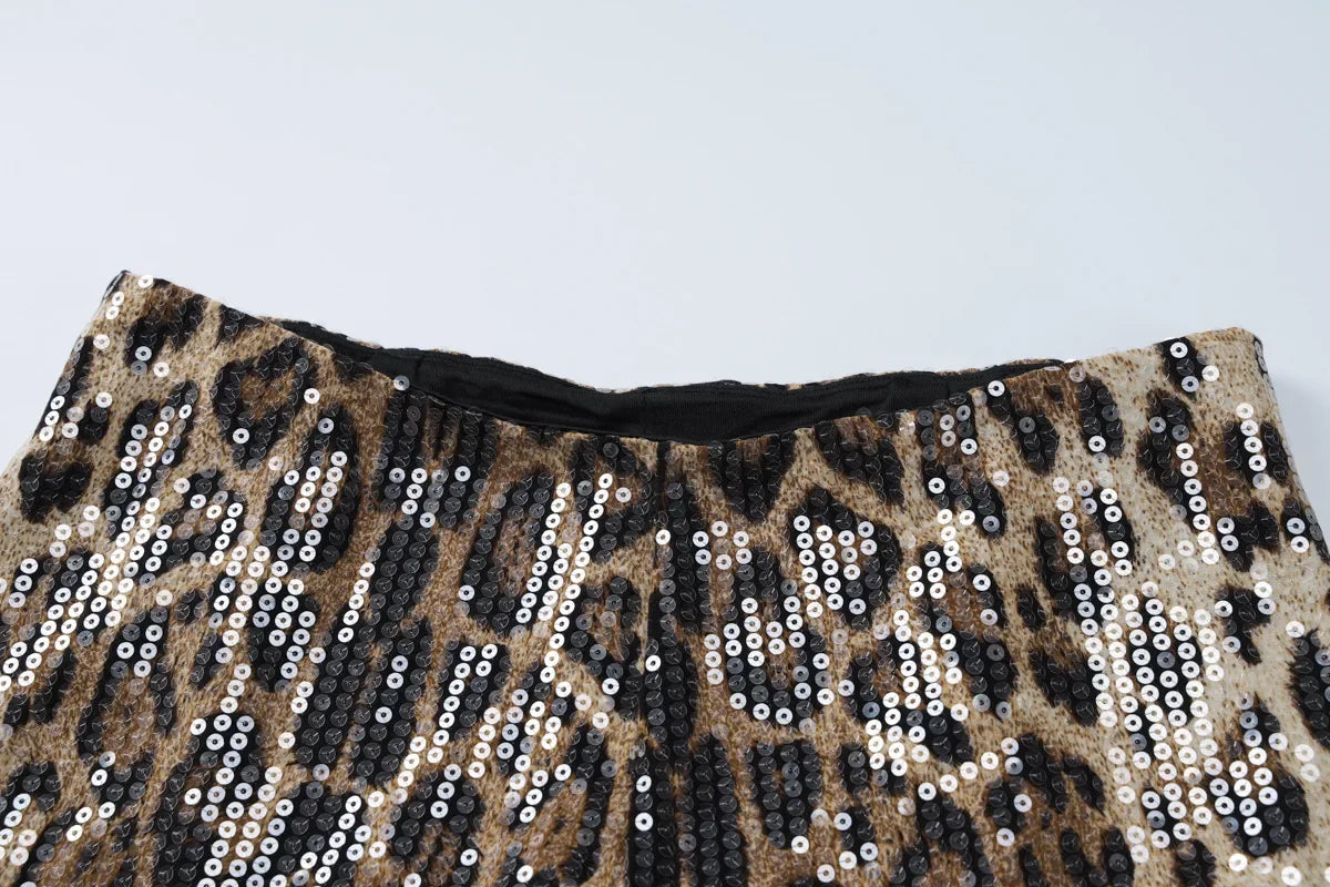 Chic Leopard Print Sequin Three Piece Set for Women