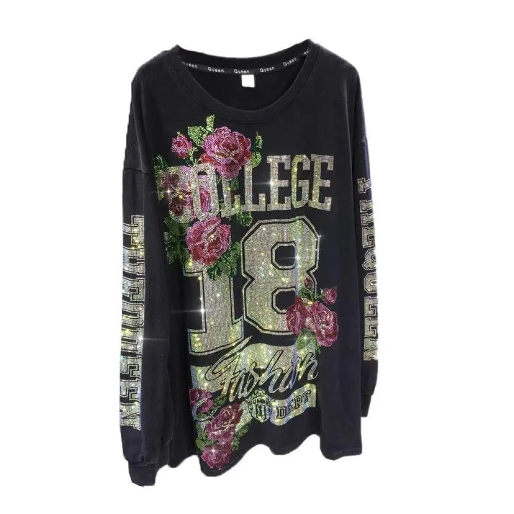 L-4XL 150kg Luxury Diamond Stamping Women's Plus Size Sweatshirts Aesthetics Art Female Pullovers Vintage Winter Lady Sweatshirt