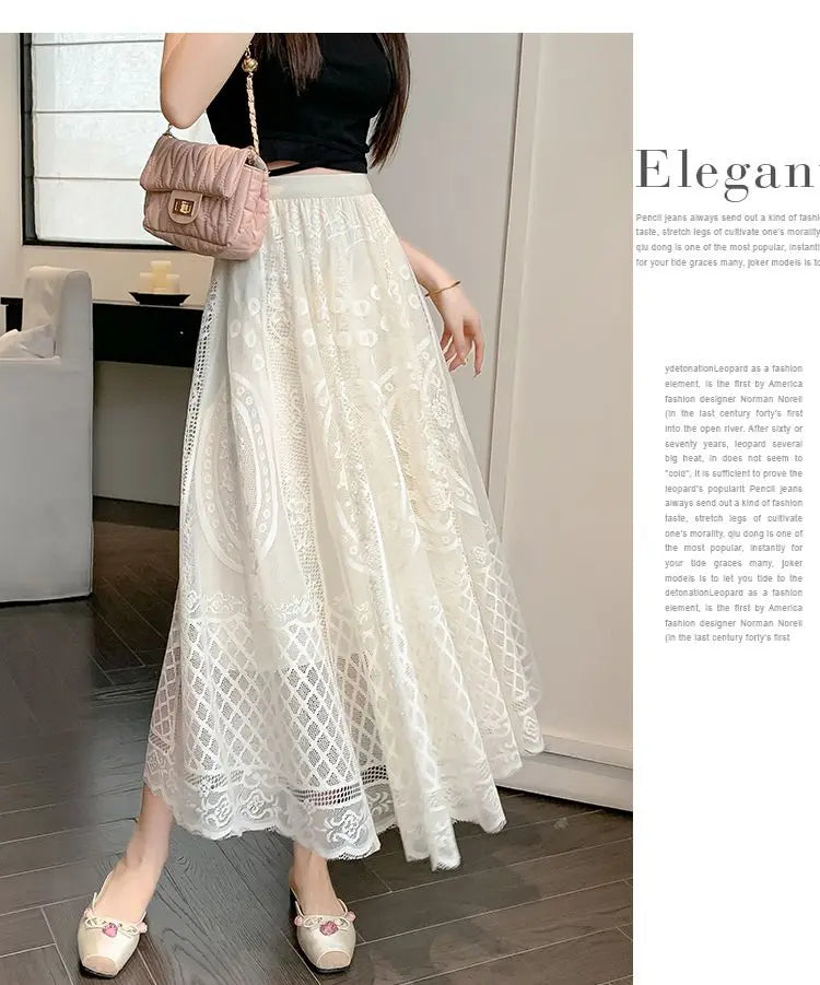 High Waisted Lace A Line Swing Midi Skirt for Women