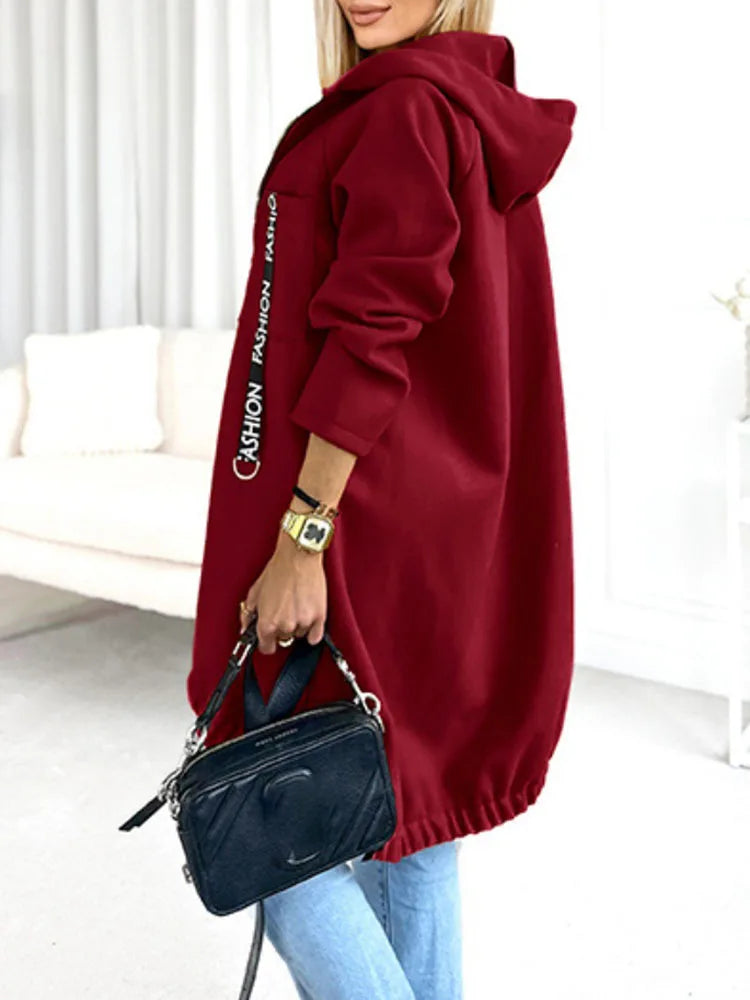 Autumn Winter Pockets Spliced Zipper Coat New Thick Warm Solid Color Women's Jacket Hooded Sports Long Sleeved Lady Outerwear