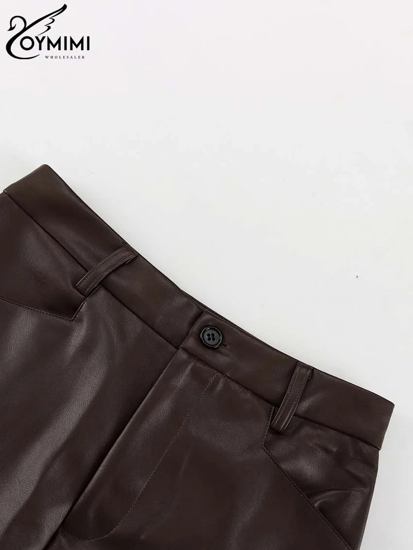 Oymimi Vintage Brown Pu Leather Skirts For Woman Elegant High Waisted Straight Skirts Casual Simple Ankle-Length Skirt Female