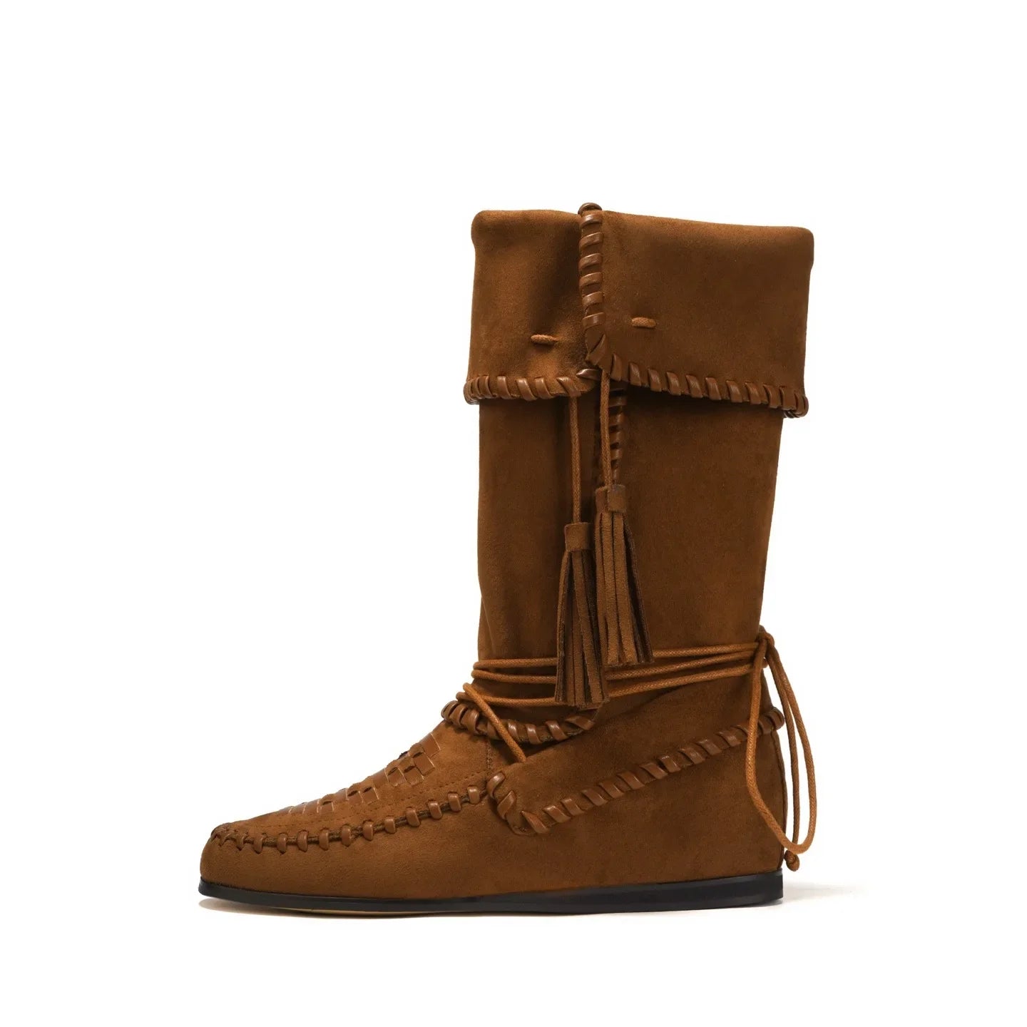 Fringe Woven Suede Mid Calf Boots With Fold Over Cuff For Women