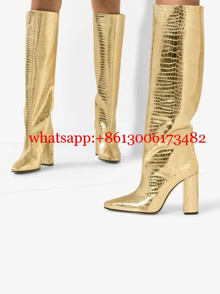Pointed Toe Slip On Leather Knee High Boots for Women