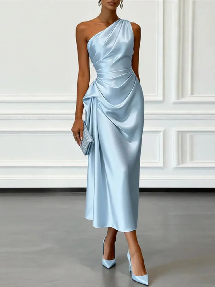 Charming One Shoulder Ruched Waist Satin Midi Dress For Women