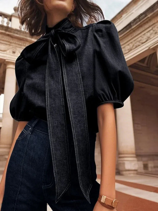Beautyblue Women Fashion High Neck Imitation Denim Shirts Puff Sleeves Blouses Summer New Casual Solid Color Bow Tie Tops Female