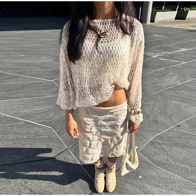 White Hollow Crochet Off Shoulder Long Sleeve Top For Women