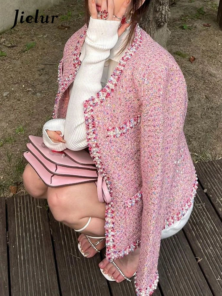 Elegant Pink Long Sleeve Jacket With Pockets for Women
