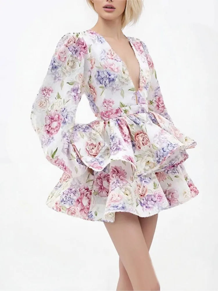 Elegant Deep V Neck Bubble Long Sleeve Patchwork Printed Mini Dress for Women