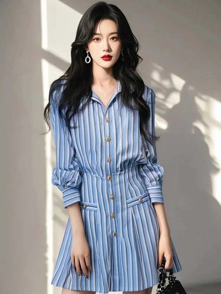 Blue and White Striped Korean Style Dress for Women