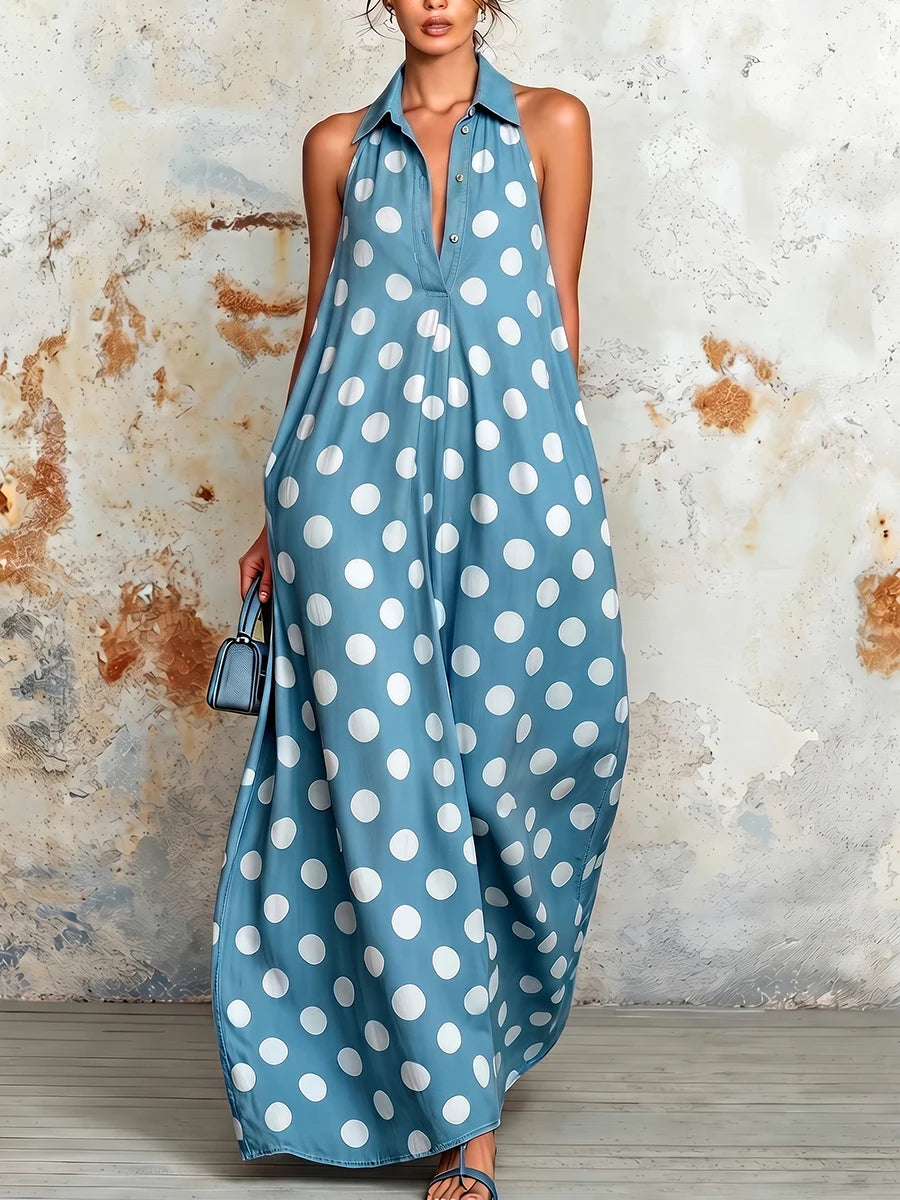 Casual Polka Dot Halter Sleeveless Maxi Dress For Women