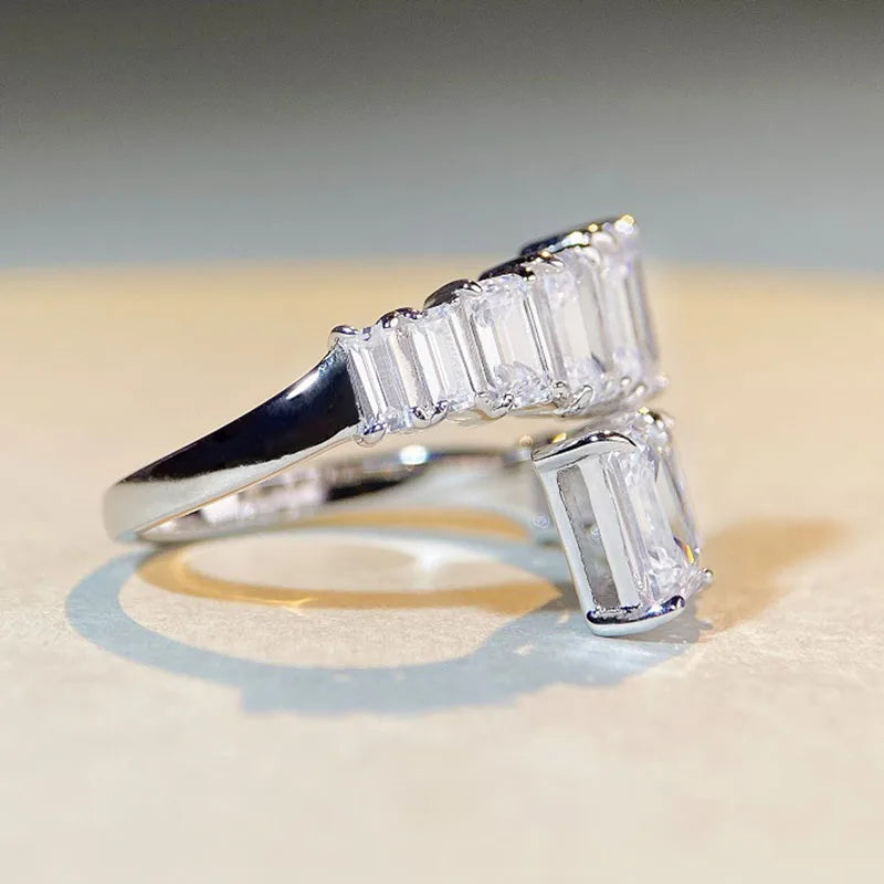PANSYSEN 925 Sterling Silver Emerald Cut High Carbon Diamond Gemstone Wedding Engagement Adjustable Ring Fine Jewelry Wholesale