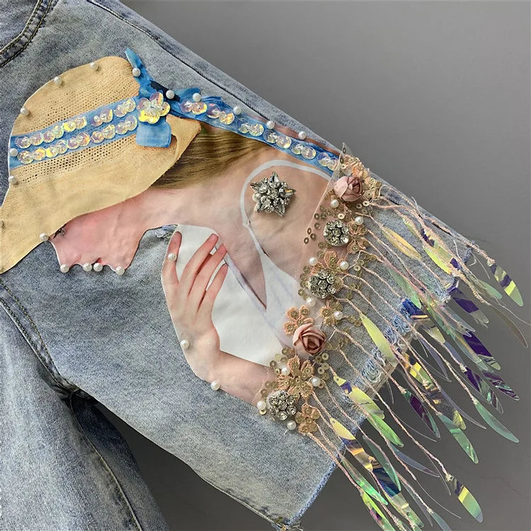 Tassel Bead Embellished Denim Shorts