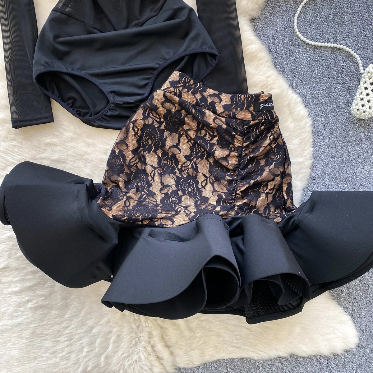 Floral Lace Mesh Bodysuit and Ruffle Mini Skirt Set for Women