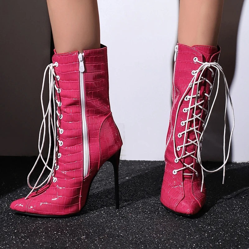 Alligator Pattern Lace Up Stiletto Ankle Boots for Women