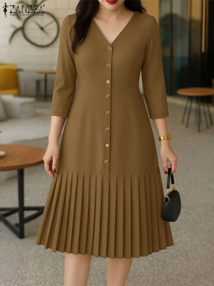 Pleated V-Neck Midi Dress