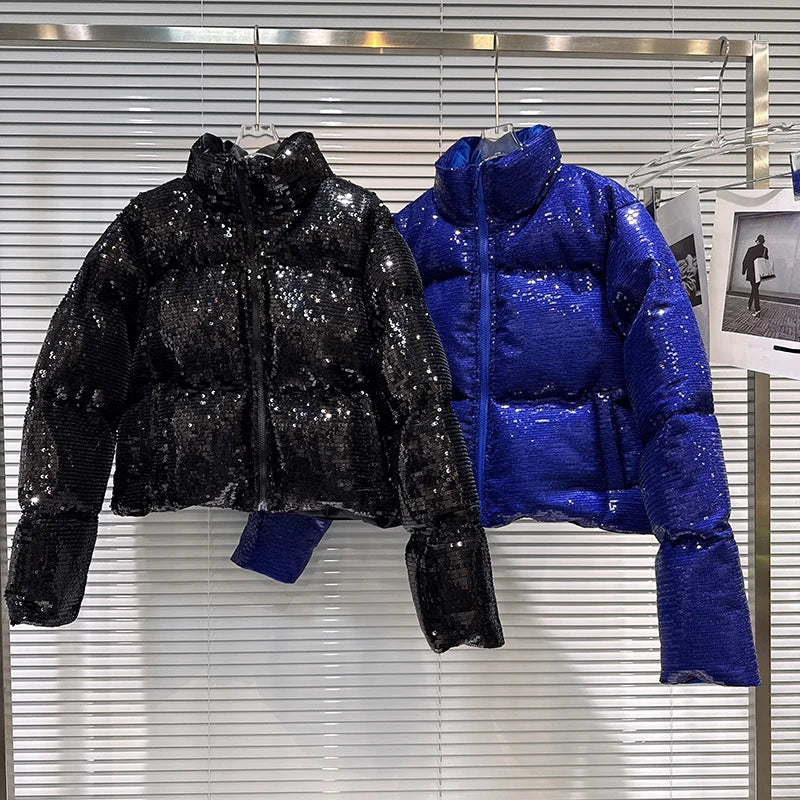 Shiny Sequin Stand Collar Padded Winter Jacket For Women