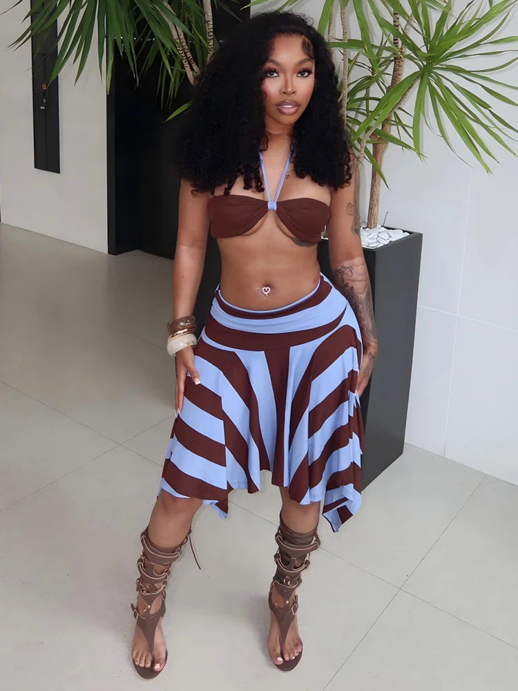 Nibber Holiday 3 Piece Set Woman Halter Rope+Wrap Chest Tops+Stripe Patchwork Mid Skirts Beach Sexy Style Summer Fashion Outfits