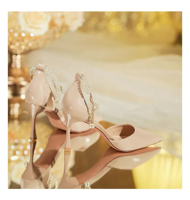 Pearl Stiletto Bow Ankle Pumps