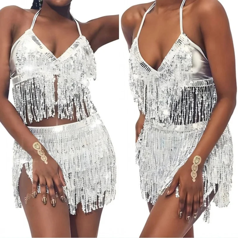 Sequined Tassel Latin Dance Crop Top and Skirt Set for Women