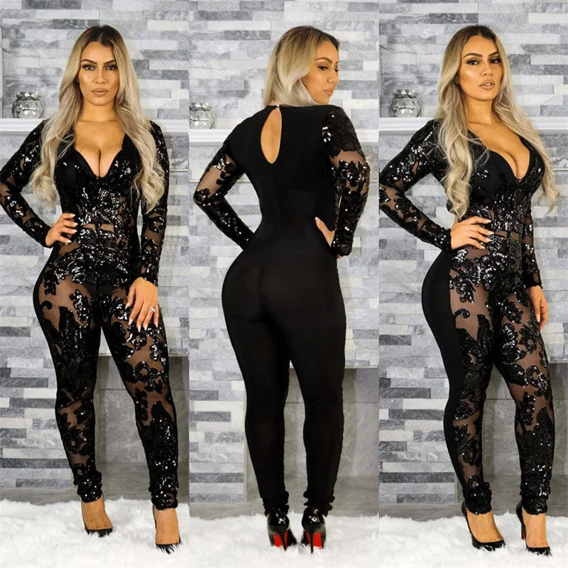 Sparkly Sequin Mesh Patchwork Evening Jumpsuit for Women