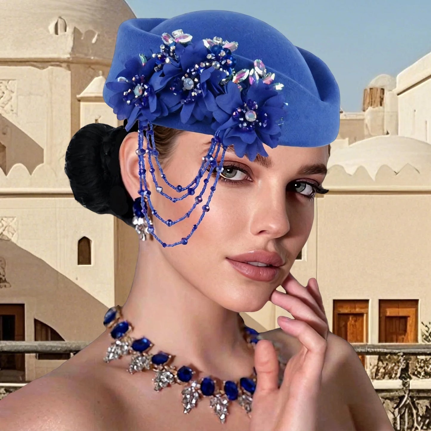Retro British Beret With Floral Rhinestone Decor For Women