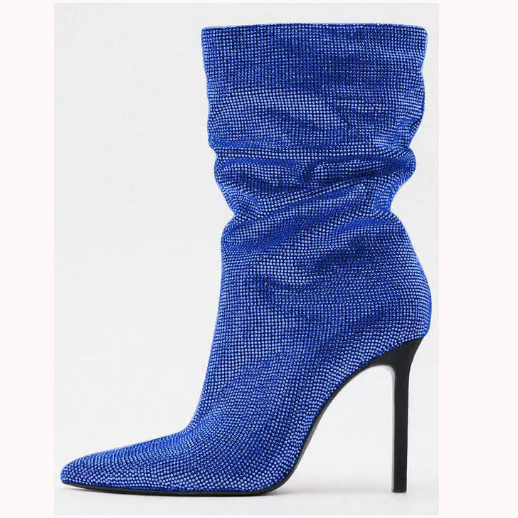 Rhinestone Embellished Pointed Toe Stiletto Boots For Women