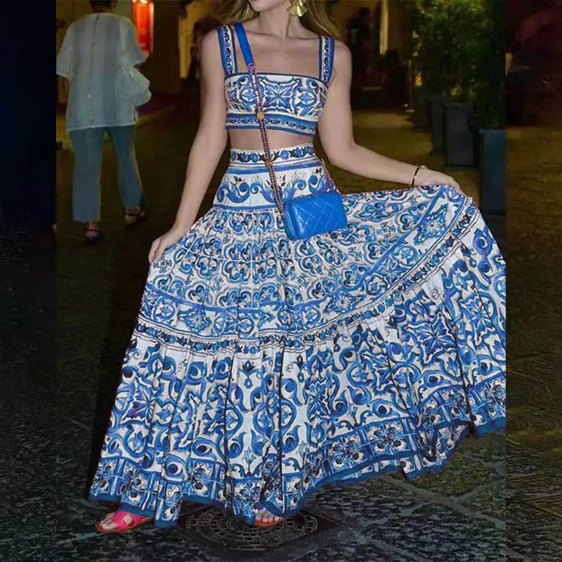 Printed Strapless Crop Top and Maxi Skirt Set for Women