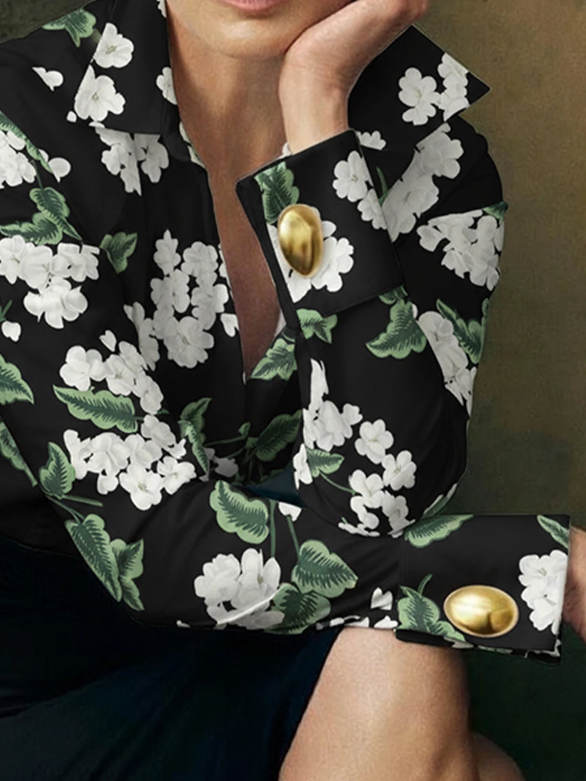 Floral Print Golden Button Blouse with Turn Down Collar for Women