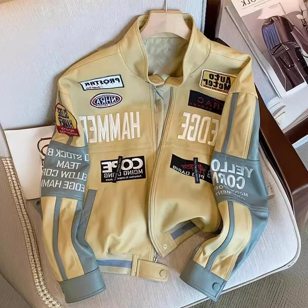 Retro Embroidered Faux Leather Baseball Jacket for Women