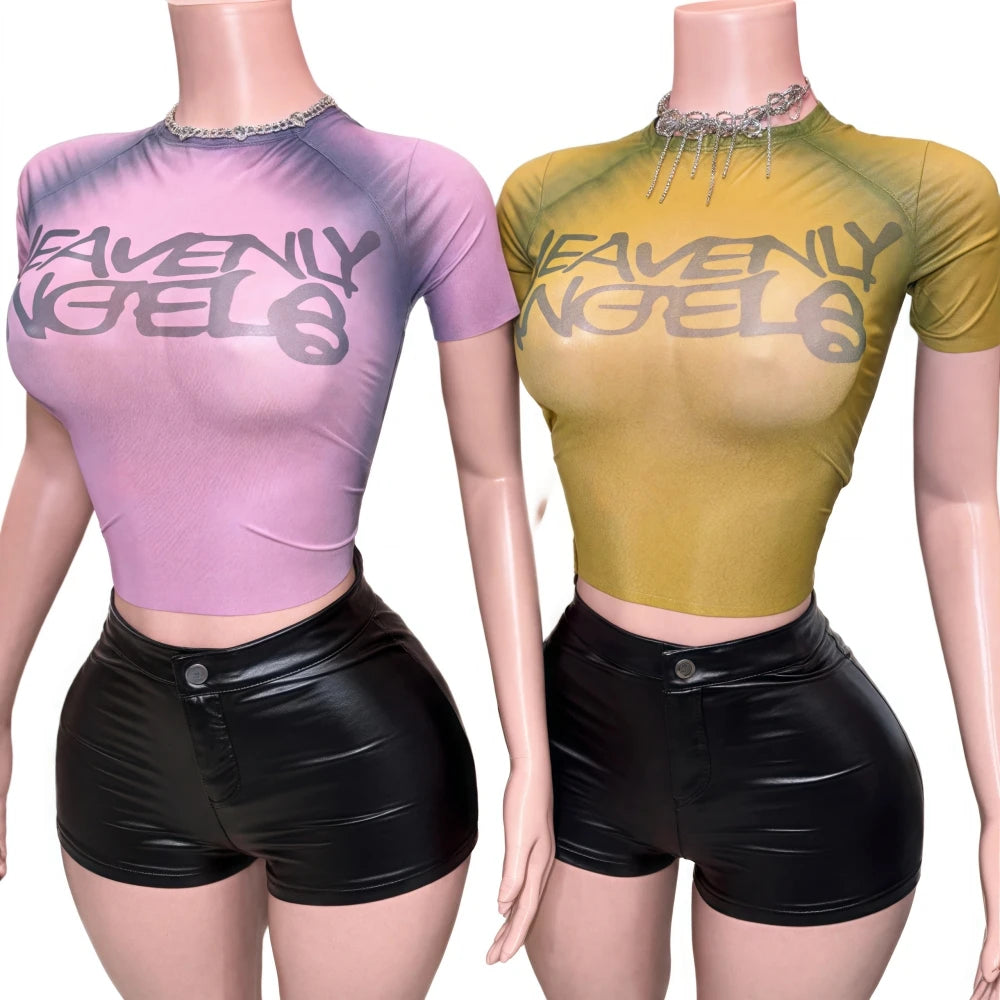FAGADOER Y2k Fashion Mesh Letter Print 2 Piece Sets Woman Outfit See Through Short Sleeve Crop Top and Leather Short Streetwear